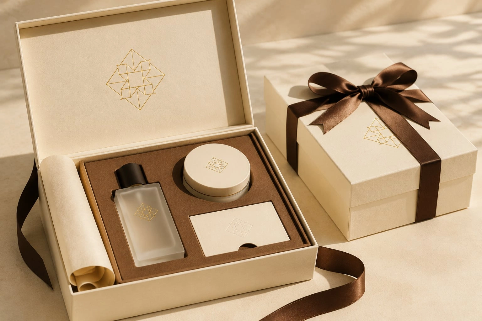 An open cream gift box with a tailored insert, warm brown ribbon and coordinated gift packaging